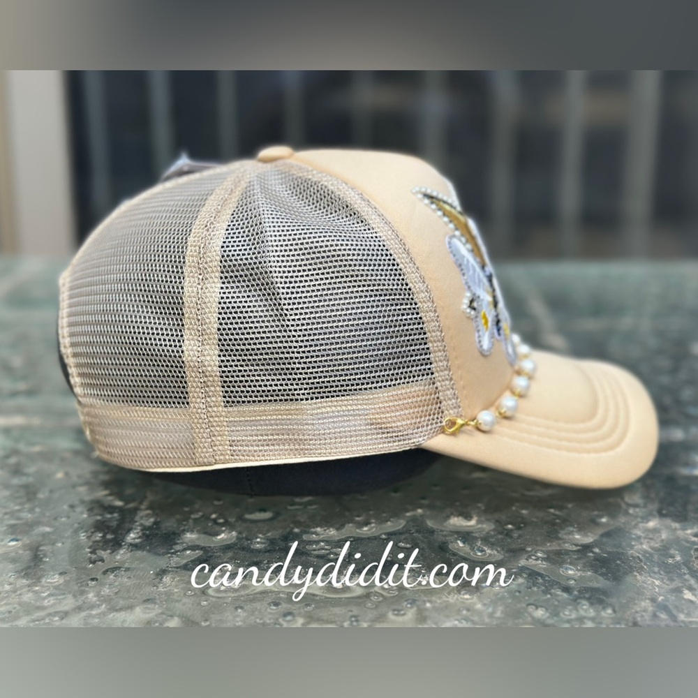 Beautiful Handmade LV Embellished Beige Cap with Pearls and Patches - Picture 5 of 9